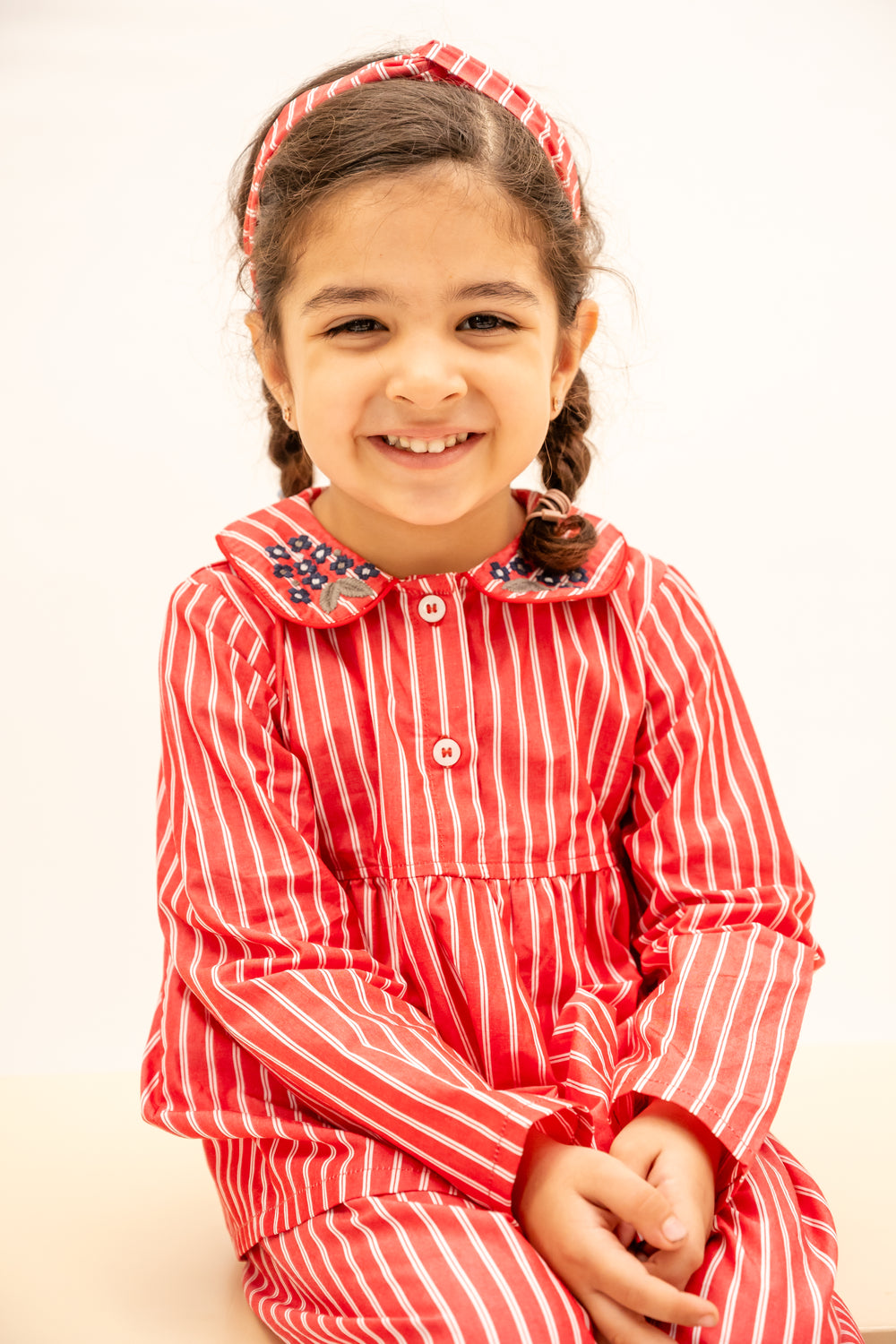Coral Stripes Cotton Nightsuit - Girls