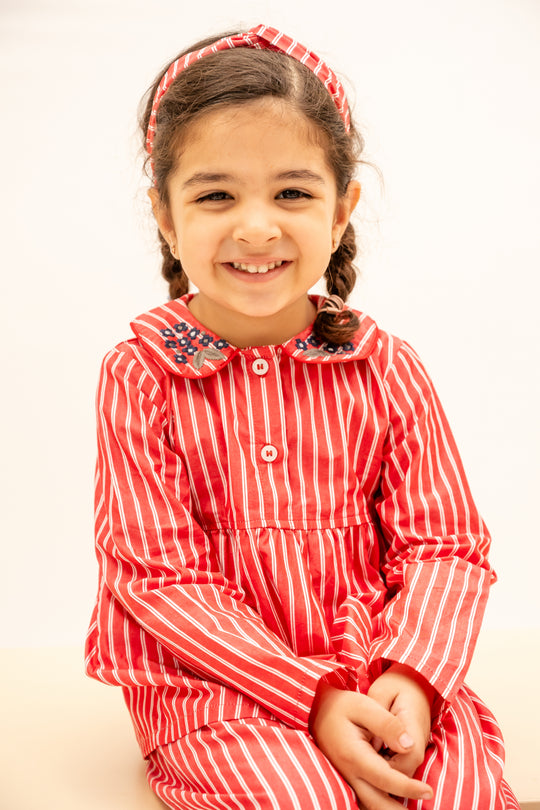 Coral Stripes Cotton Nightsuit - Girls