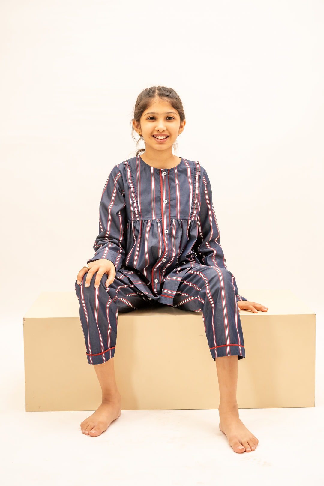 Crimson Stripes Cotton Nightusit - Girls
