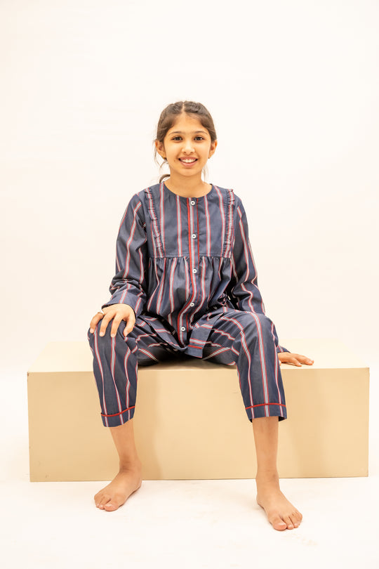 Crimson Stripes Cotton Nightusit - Girls
