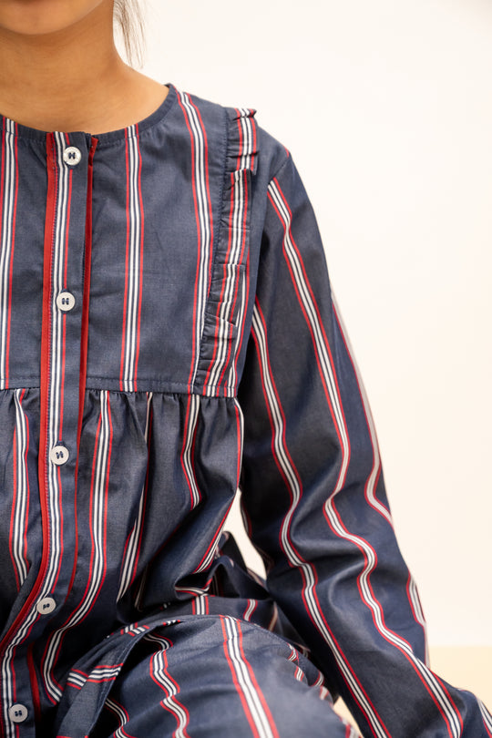 Crimson Stripes Cotton Nightusit - Girls