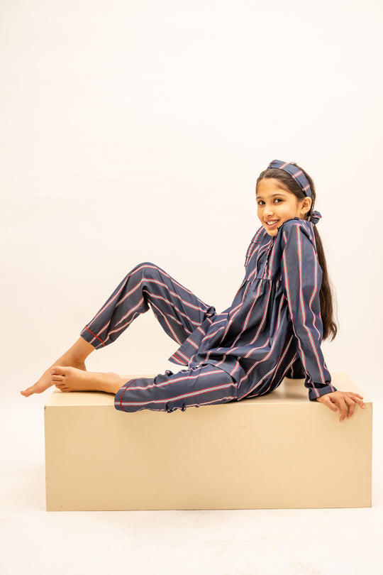 Crimson Stripes Cotton Nightusit - Girls