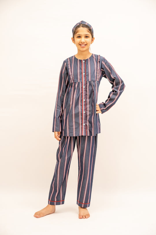 Crimson Stripes Cotton Nightusit - Girls