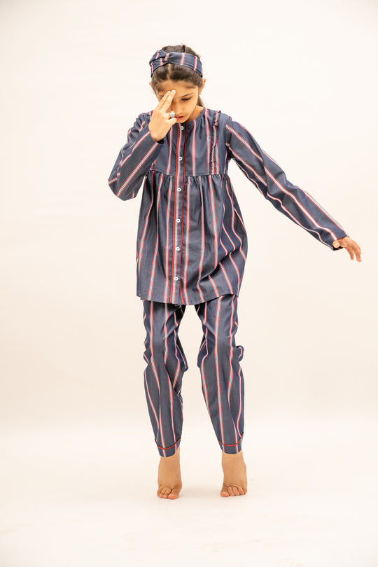 Crimson Stripes Cotton Nightusit - Girls