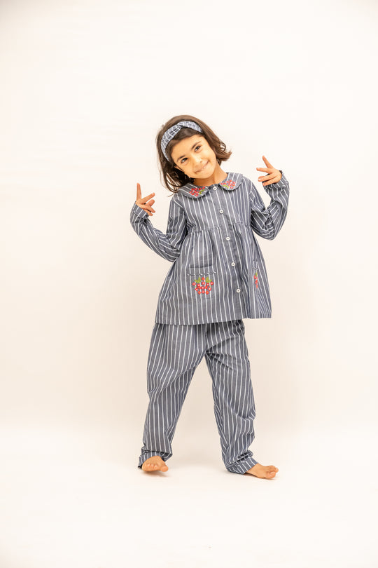 Bluebell Stripes Cotton Nightsuit - Girls