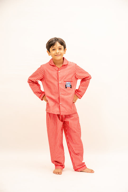 Coral Stripes Cotton Nightsuit-Boys