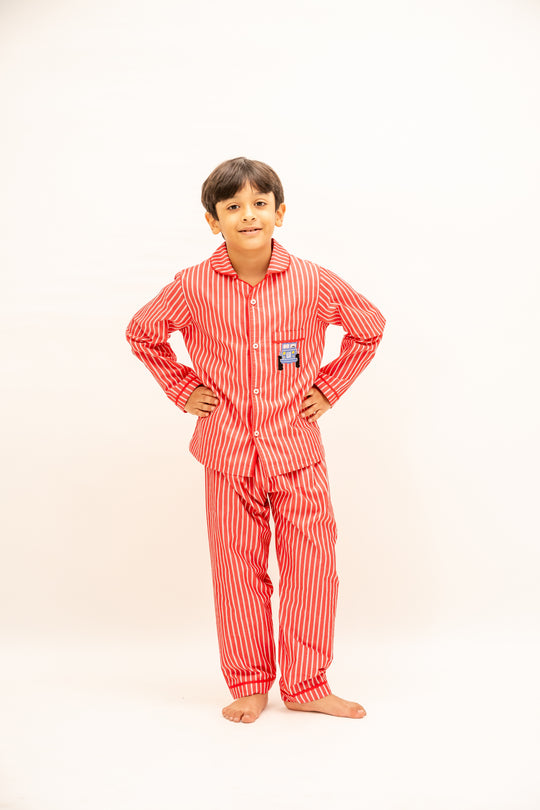 Coral Stripes Cotton Nightsuit-Boys