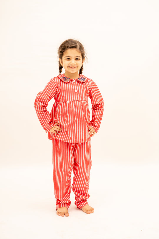 Coral Stripes Cotton Nightsuit - Girls