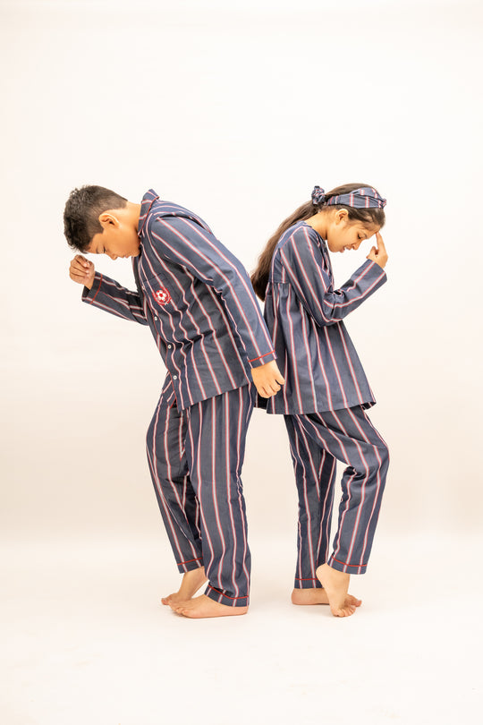 Crimson Stripes Cotton Nightusit - Girls