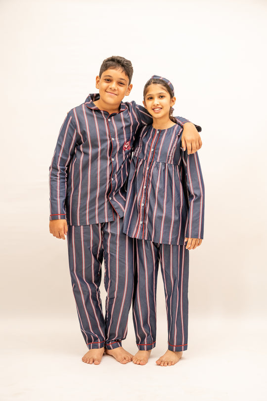 Crimson Stripes Cotton Nightusit - Girls