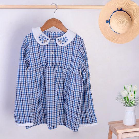 Blue & Grey Checks Cotton Nightsuit- Girls