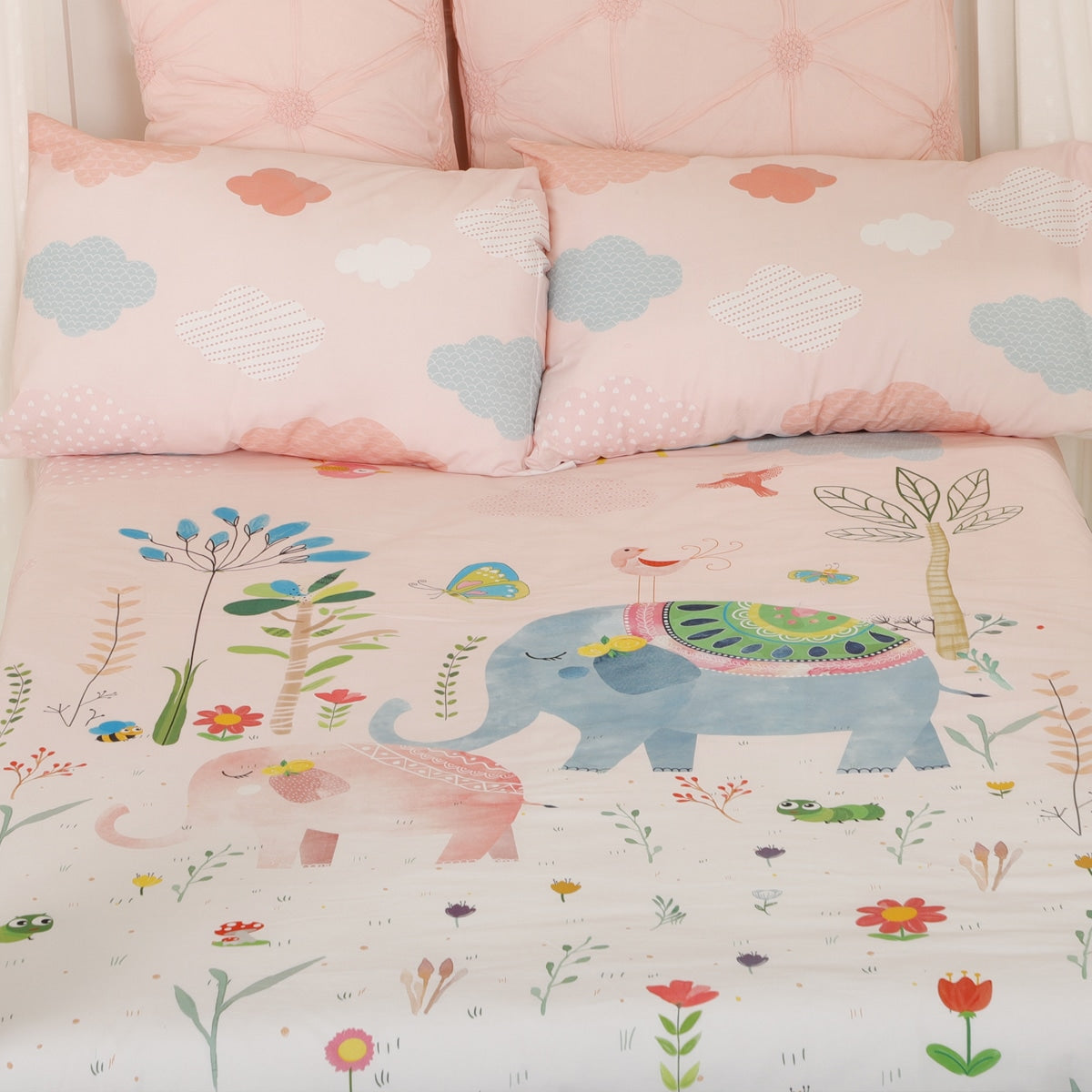 Girls Pink Organic Cotton Bedsheet Elephant